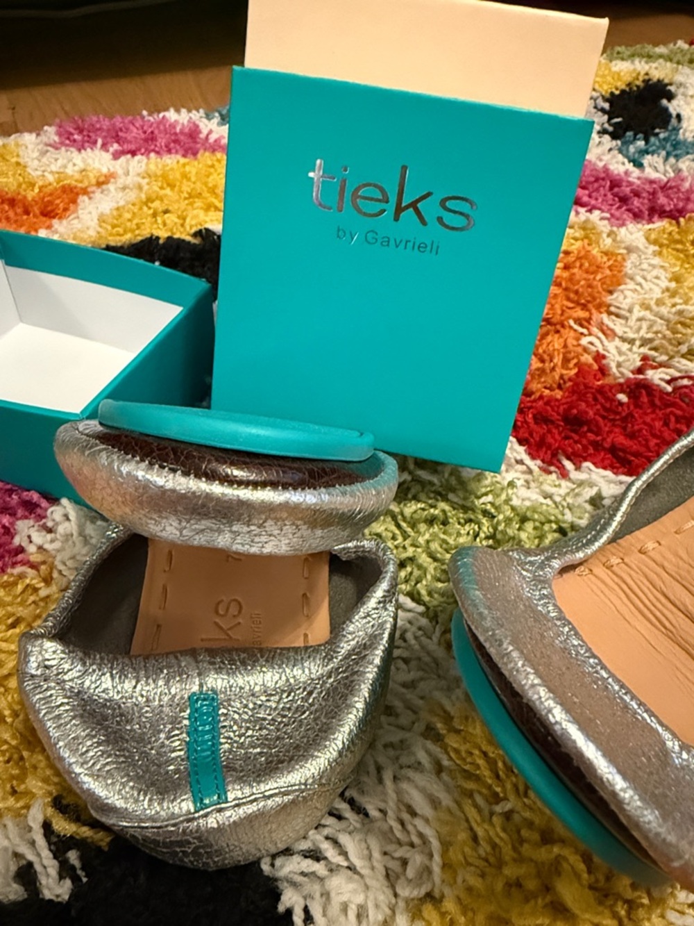 Tieks Metallic Silver Ballet Flats with Turquoise Accents